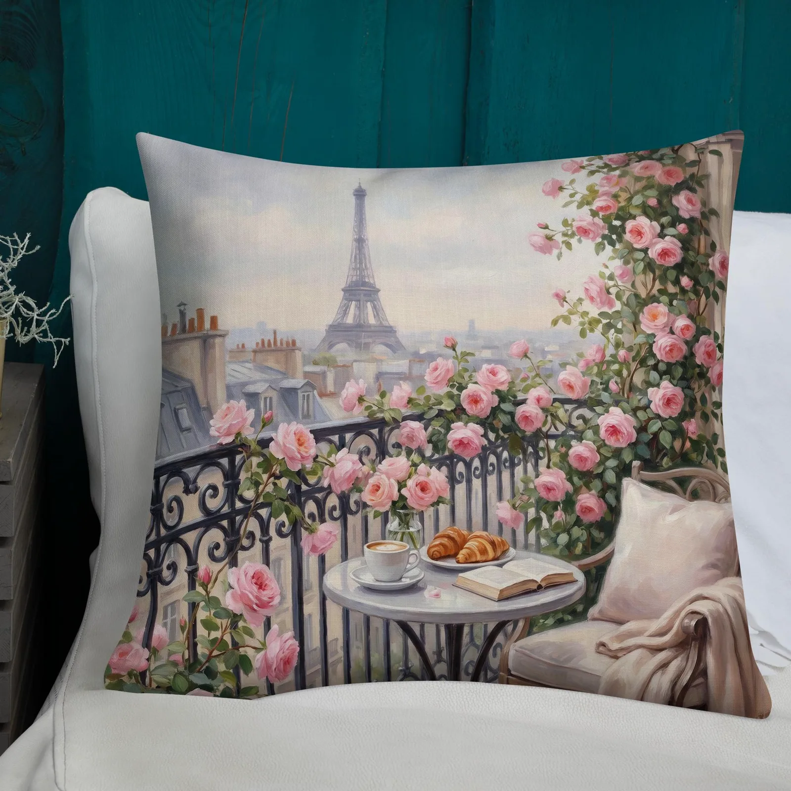 Paris Eiffel Tower Throw Pillow: Pink Rose Balcony Cushion, photo 3