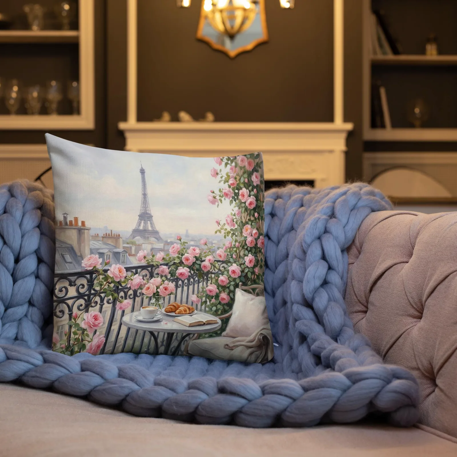 Paris Eiffel Tower Throw Pillow: Pink Rose Balcony Cushion, photo 4