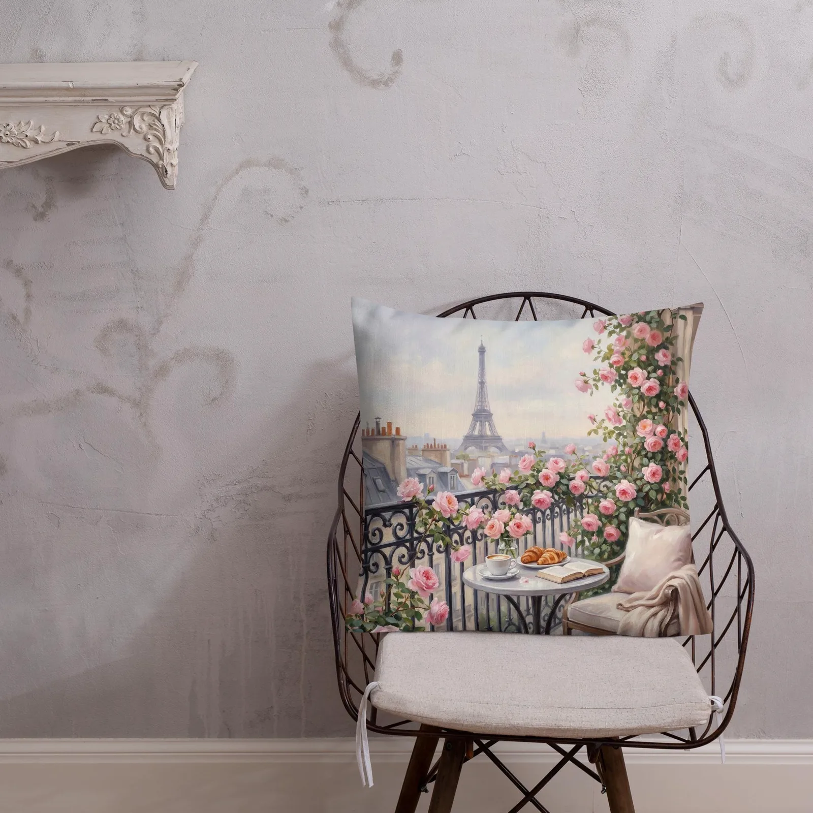 Paris Eiffel Tower Throw Pillow: Pink Rose Balcony Cushion, photo 7