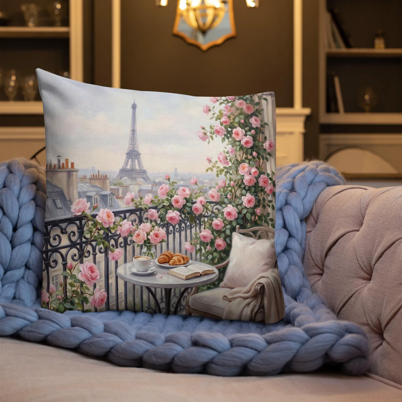 Paris Eiffel Tower Throw Pillow: Pink Rose Balcony Cushion, photo 5