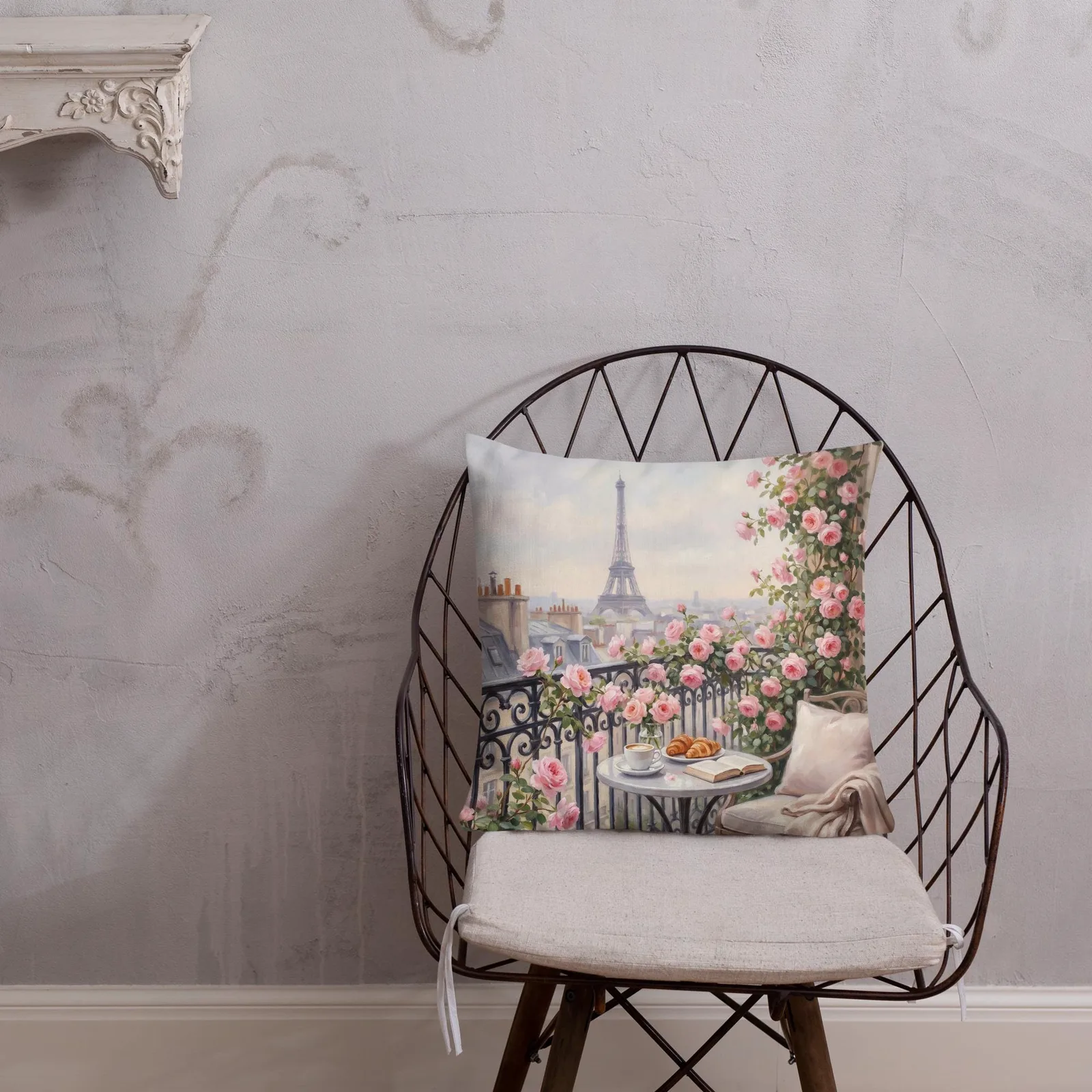 Paris Eiffel Tower Throw Pillow: Pink Rose Balcony Cushion, photo 6