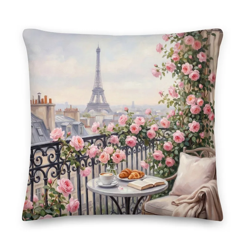 Paris Eiffel Tower Throw Pillow: Pink Rose Balcony Cushion