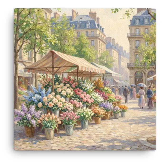 Paris Flower Market Thin Canvas: Spring Impressionist Style Wall Art