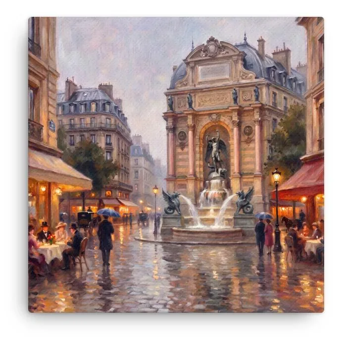 Paris Fontaine St Michel Thin Canvas: French Impressionist style Decor Wall Art