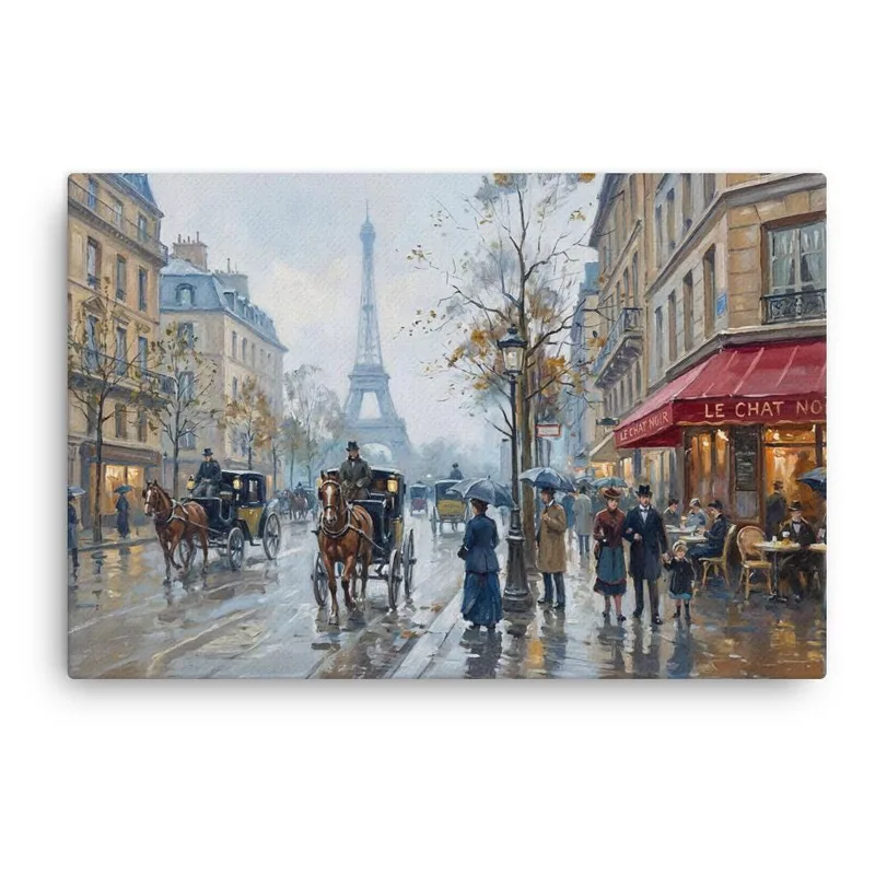 Paris in the Rain Thin Canvas: 19th-Century Eiffel Tower Street Scene Wall Art