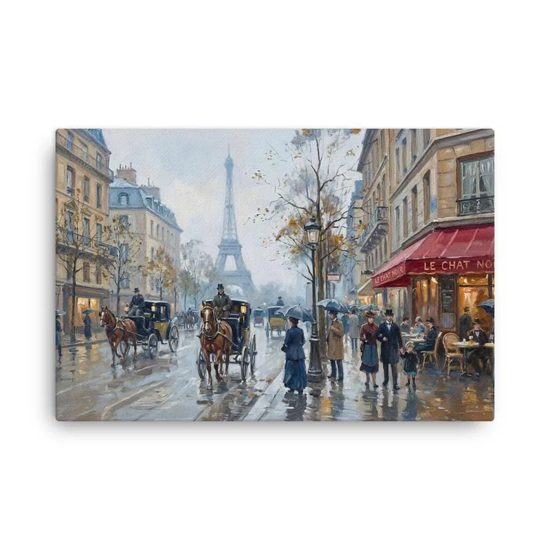 Paris in the Rain Thin Canvas: 19th-Century Eiffel Tower Street Scene Wall Art