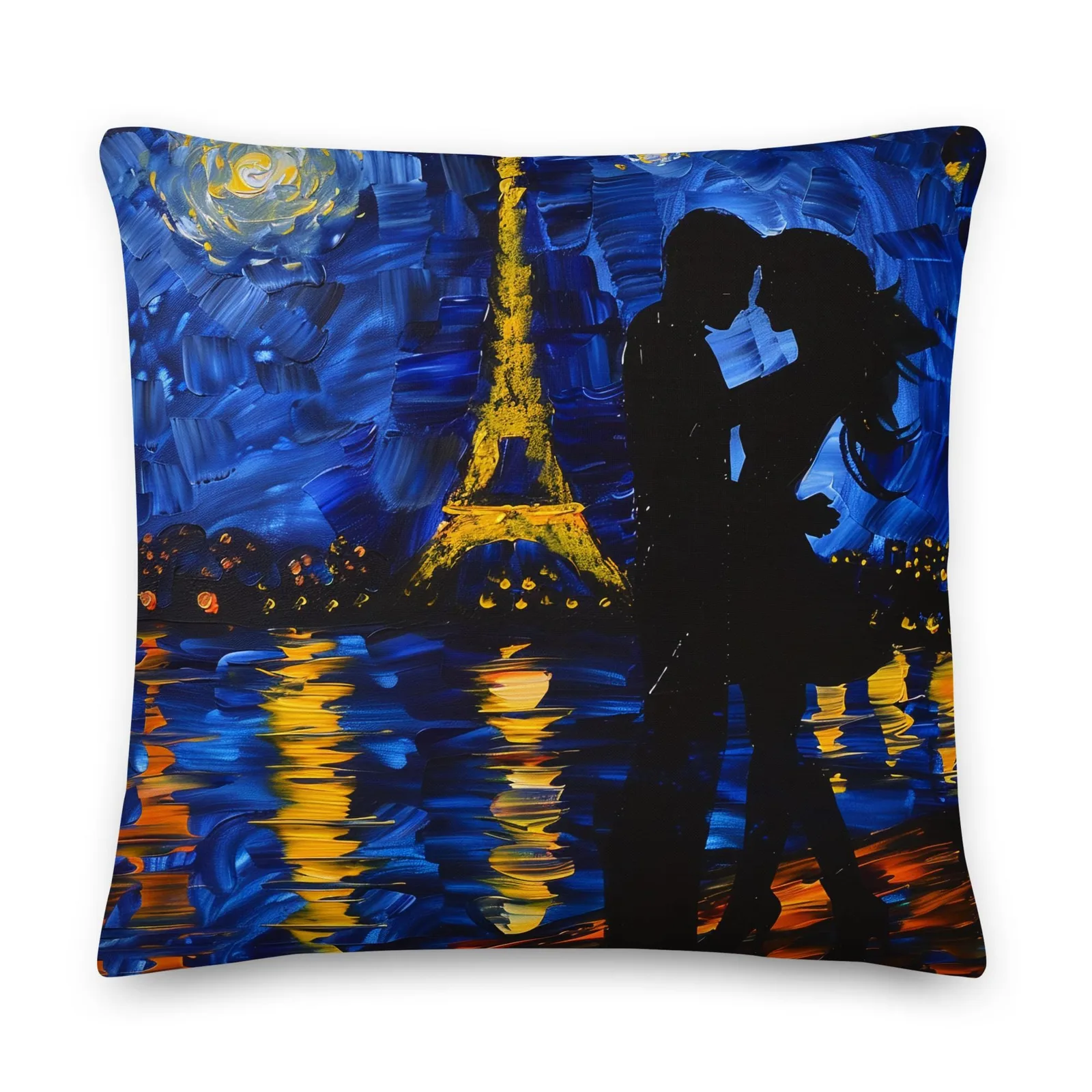 Paris Night Kiss Throw Pillow: Eiffel Tower Romance, Linen Feel