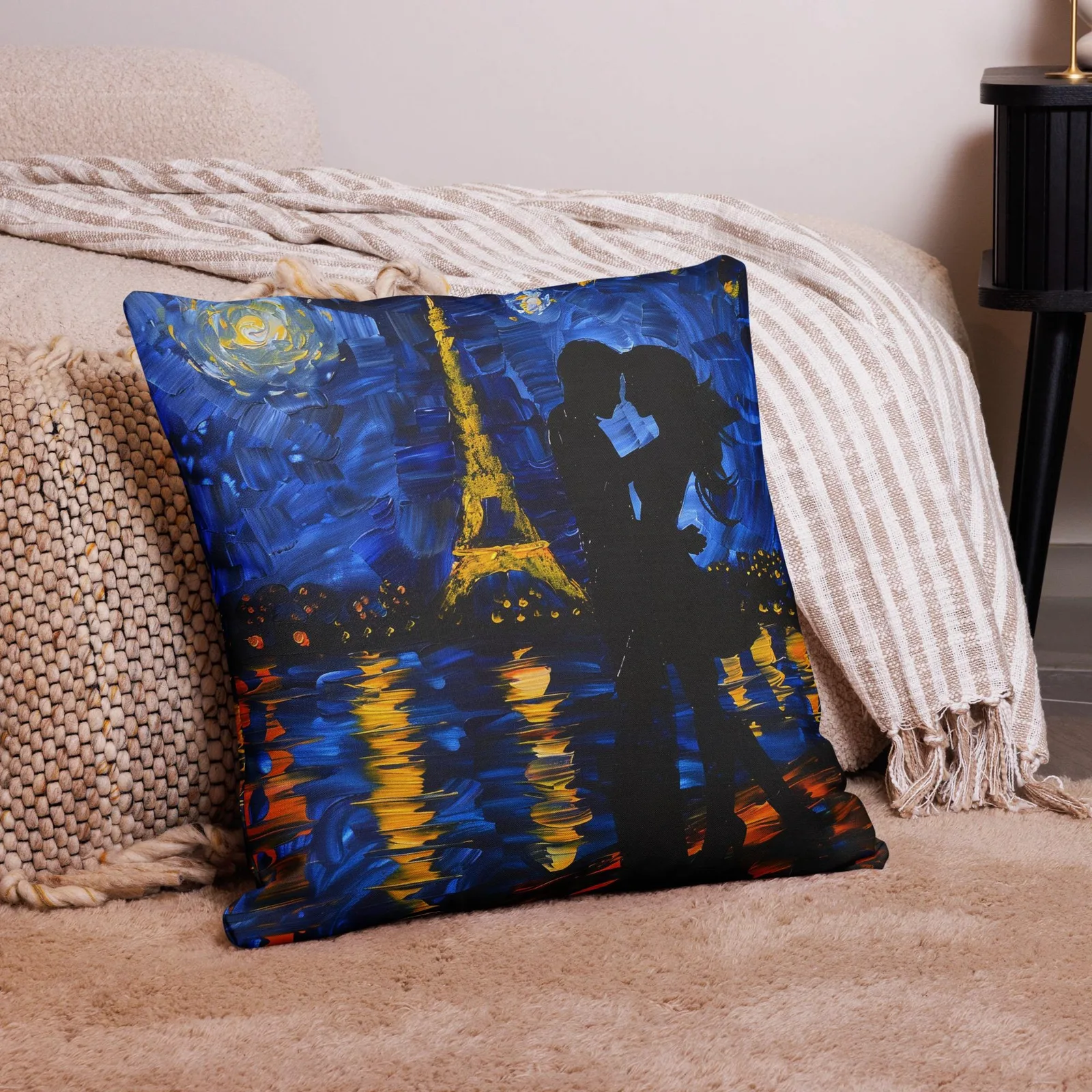 Paris Night Kiss Throw Pillow: Eiffel Tower Romance, Linen Feel, photo 5