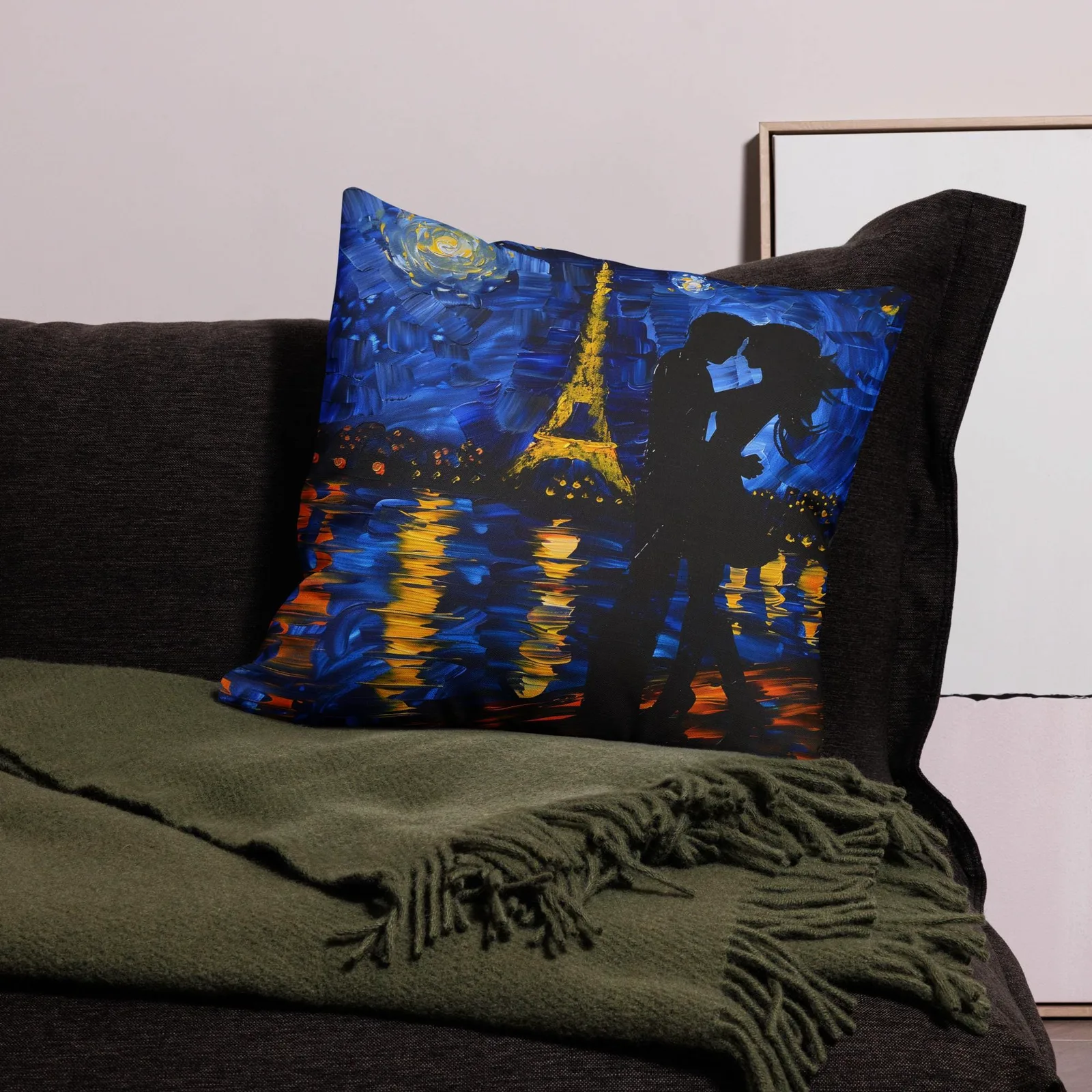 Paris Night Kiss Throw Pillow: Eiffel Tower Romance, Linen Feel, photo 2