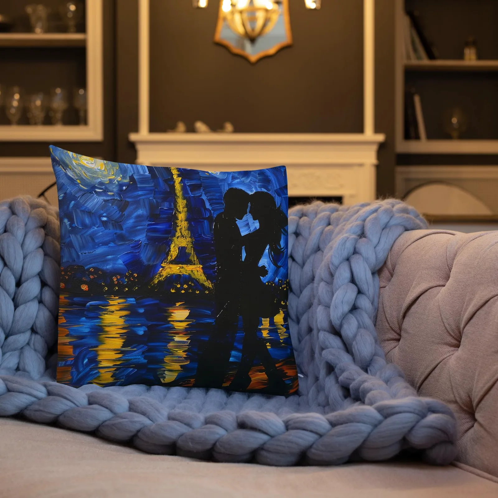 Paris Night Kiss Throw Pillow: Eiffel Tower Romance, Linen Feel, photo 8