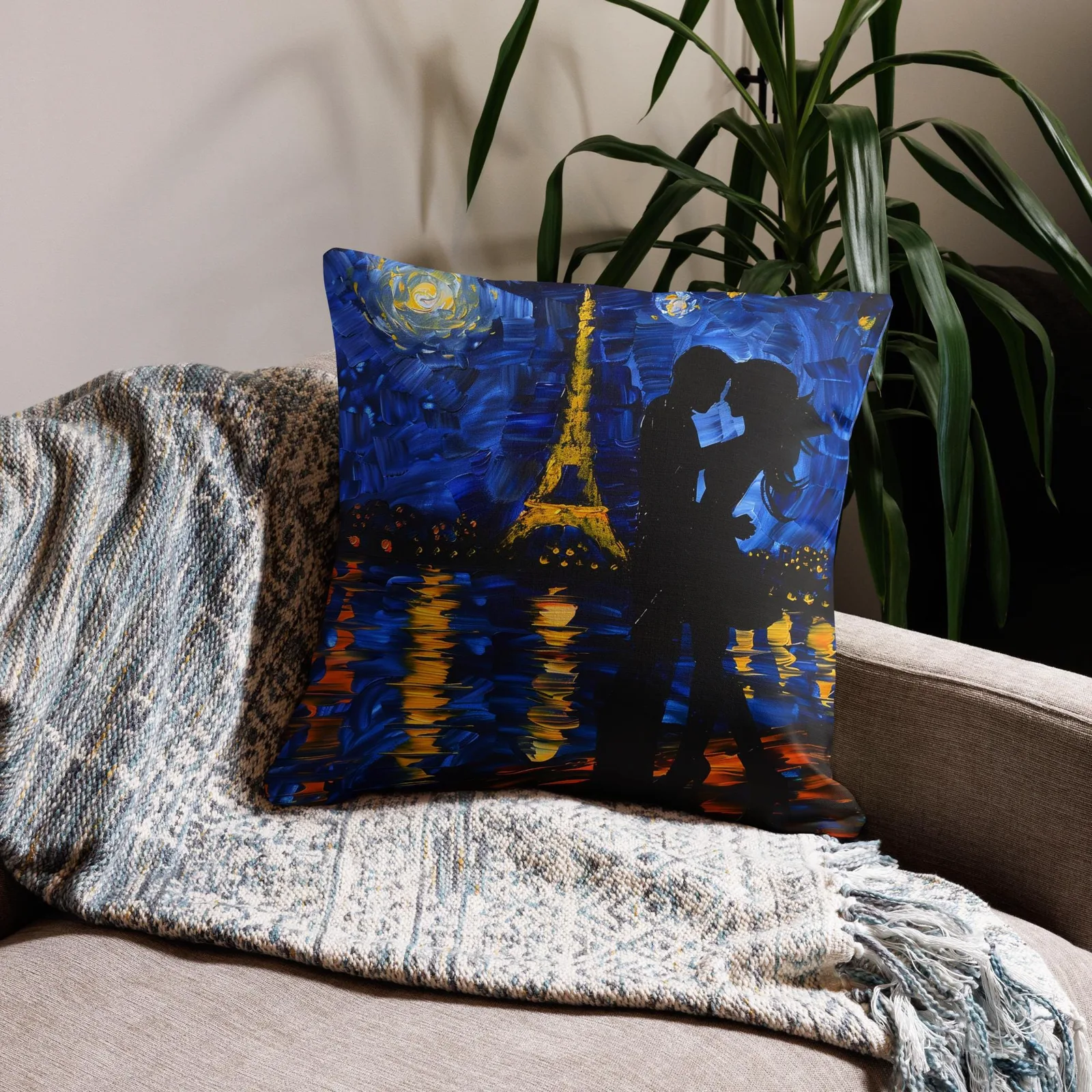 Paris Night Kiss Throw Pillow: Eiffel Tower Romance, Linen Feel, photo 3