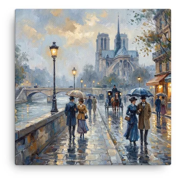 Paris Notre Dame Cathedral Thin Canvas: Impressionist-Style Romantic Rainy Paris Wall Art