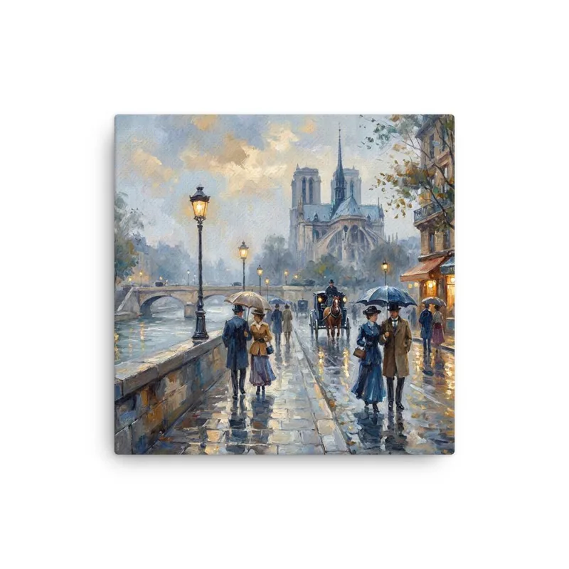 Paris Notre Dame Cathedral Thin Canvas: Impressionist-Style Romantic Rainy Paris Wall Art