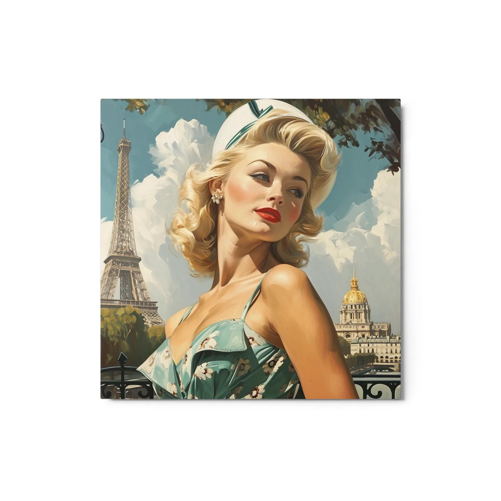 Parisian Pin-Up Metal Print: Retro Glam Eiffel Tower Wall Art