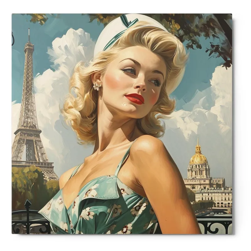 Parisian Pin-Up Metal Print: Retro Glam Eiffel Tower Wall Art