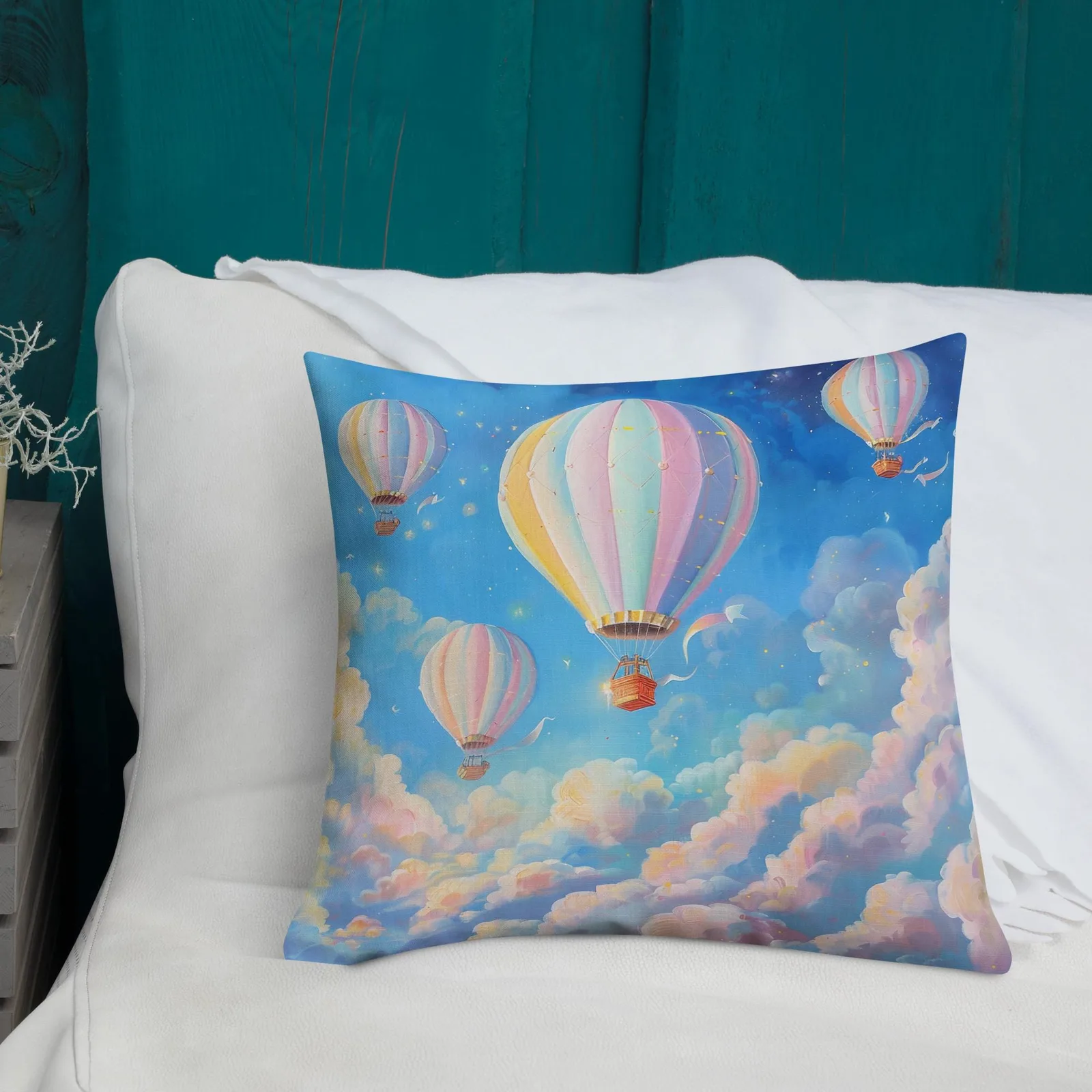 Pastel Hot Air Balloon Throw Pillow: Dreamy Sky Decor