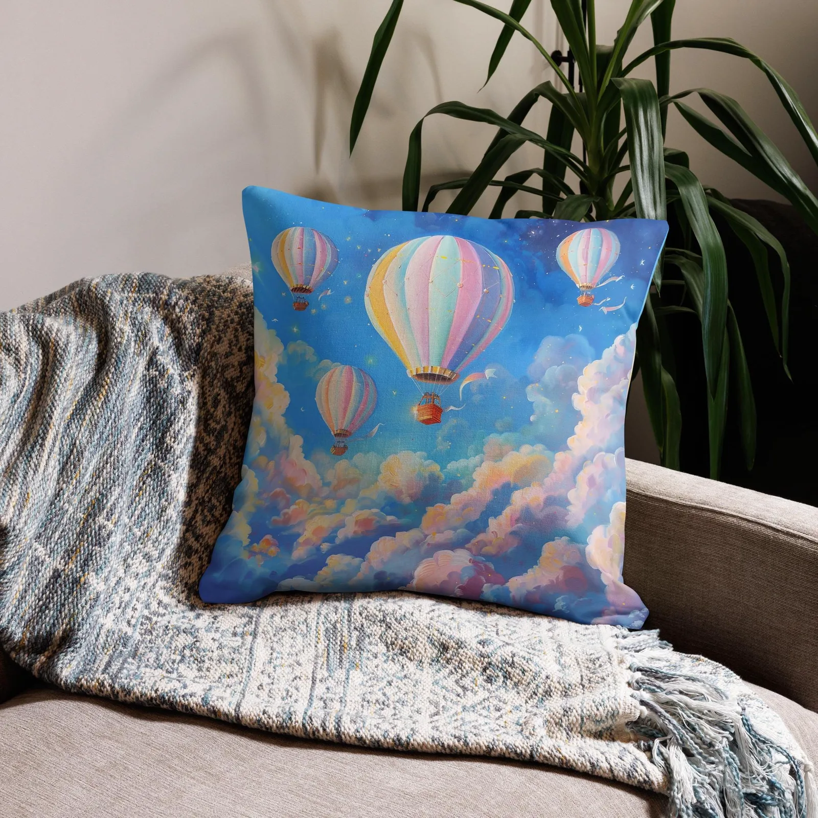 Pastel Hot Air Balloon Throw Pillow: Dreamy Sky Decor, photo 5