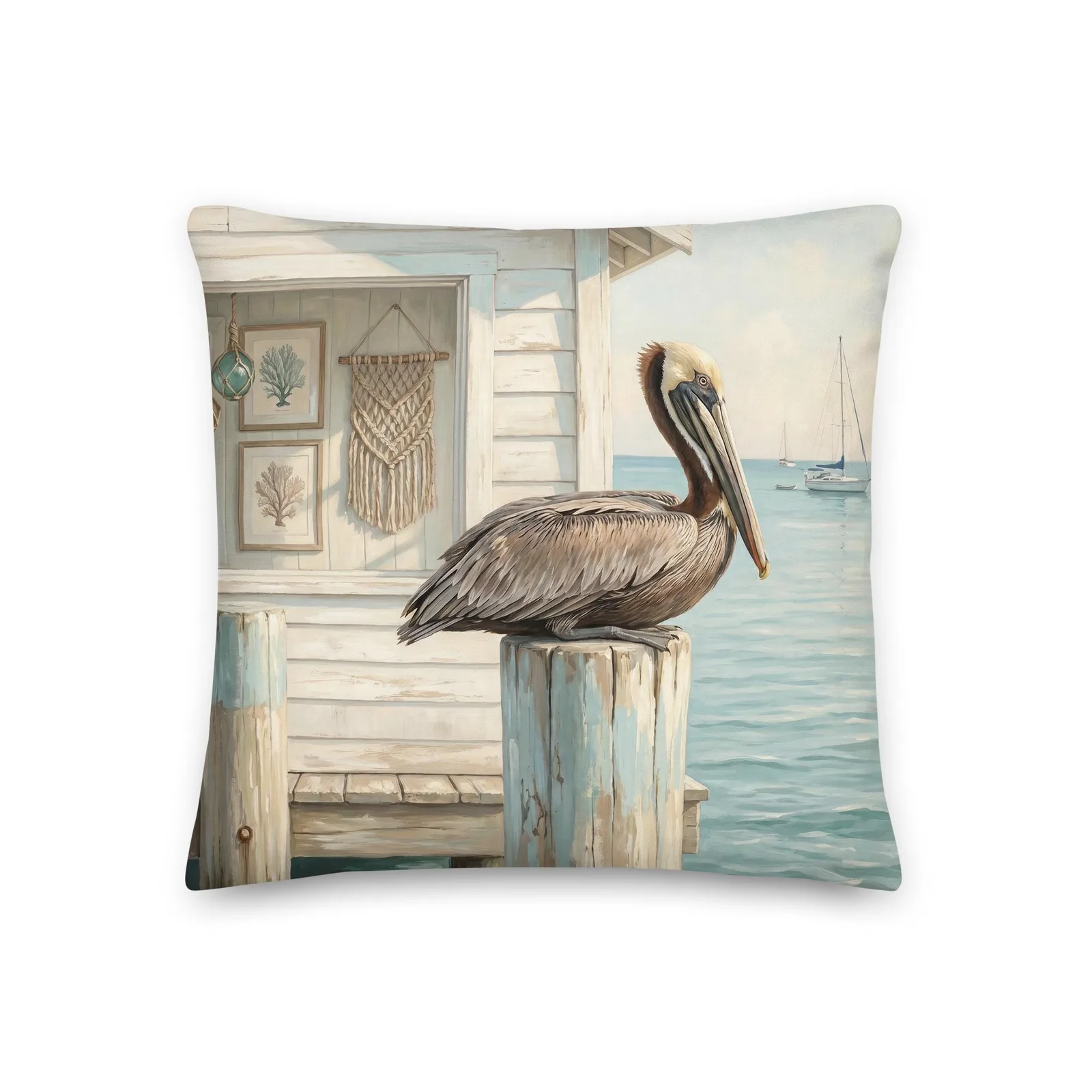 Pastel Pelican Throw Pillow: Coastal Beach House Decor Cushion
