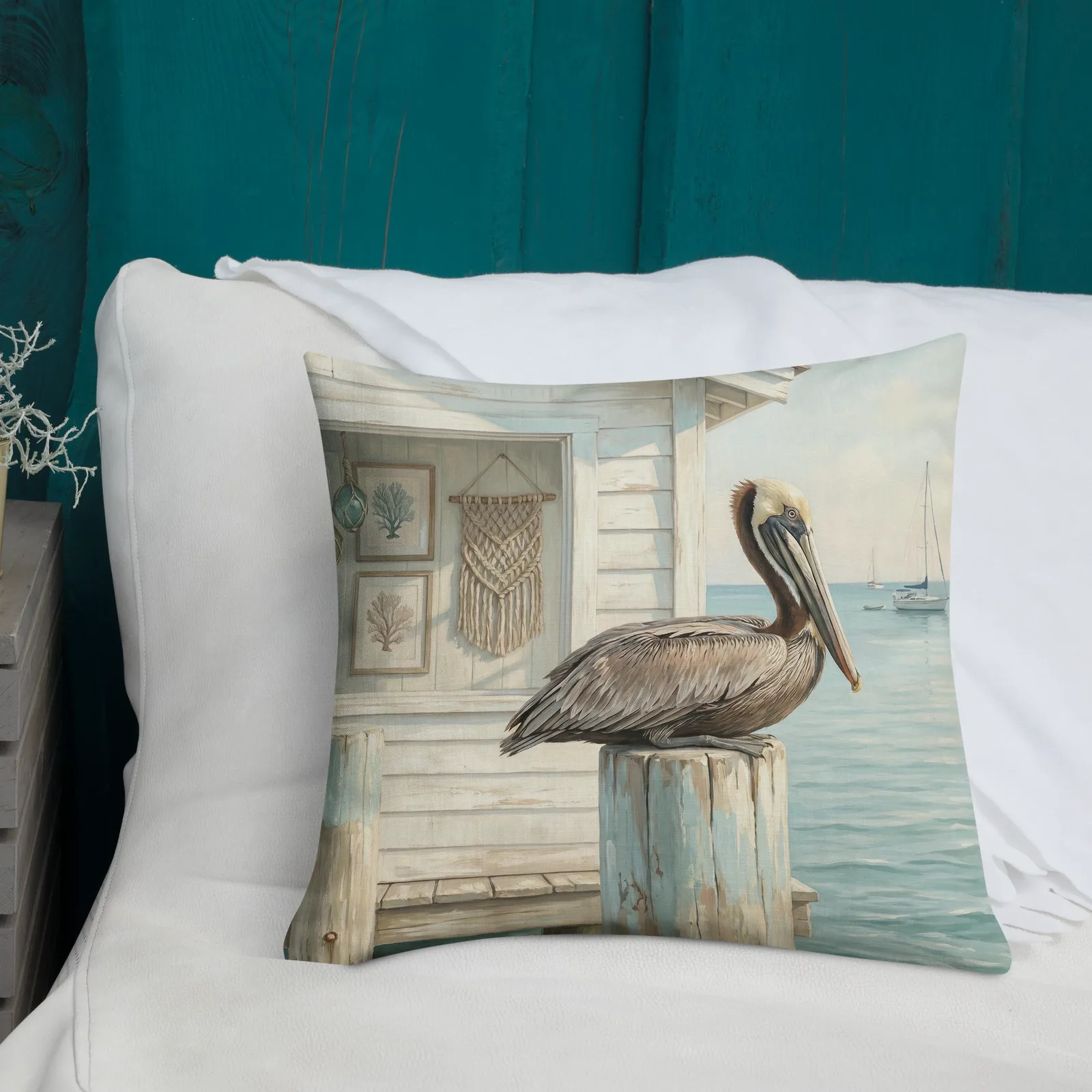 Pastel Pelican Throw Pillow: Coastal Beach House Decor Cushion, photo 6