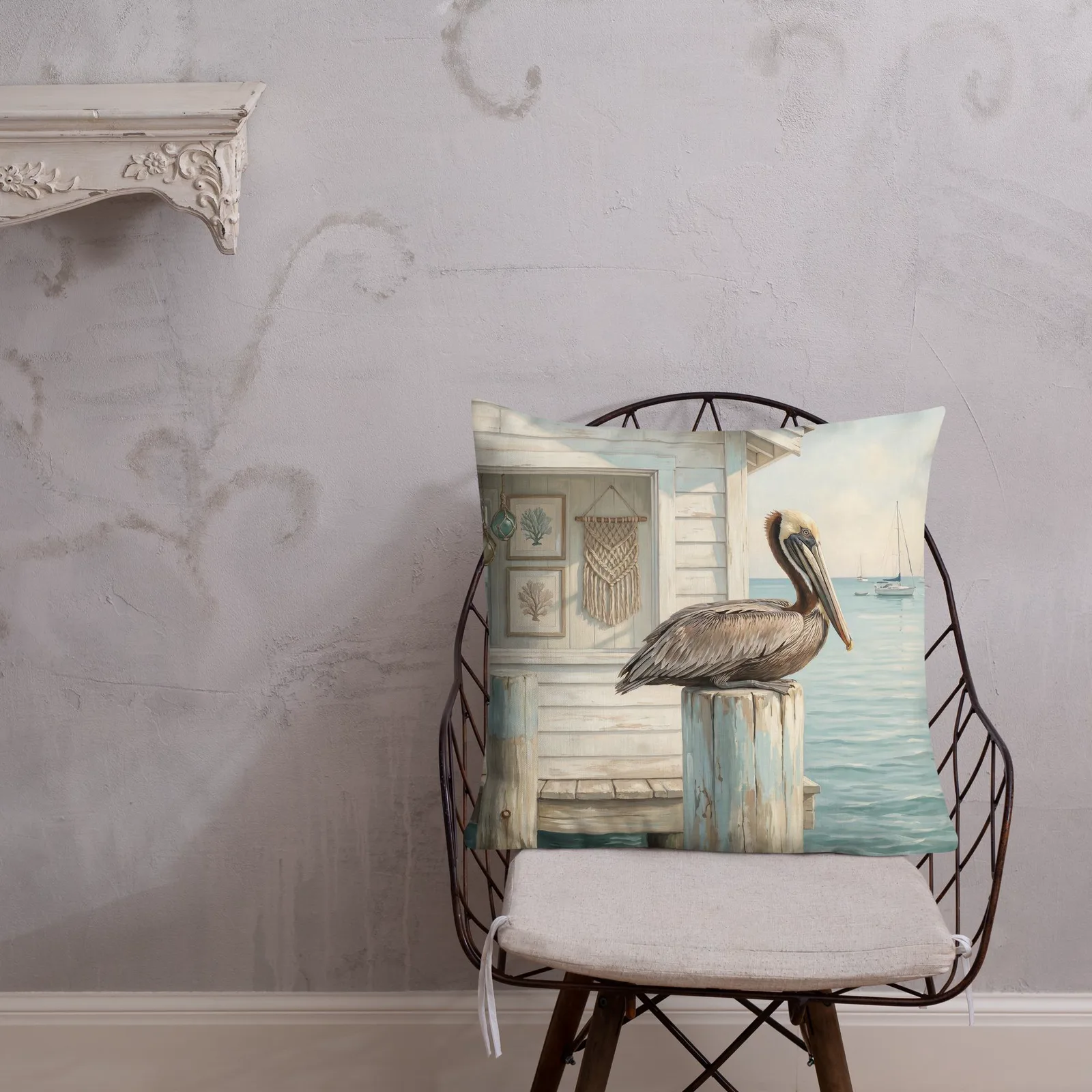 Pastel Pelican Throw Pillow: Coastal Beach House Decor Cushion, photo 3