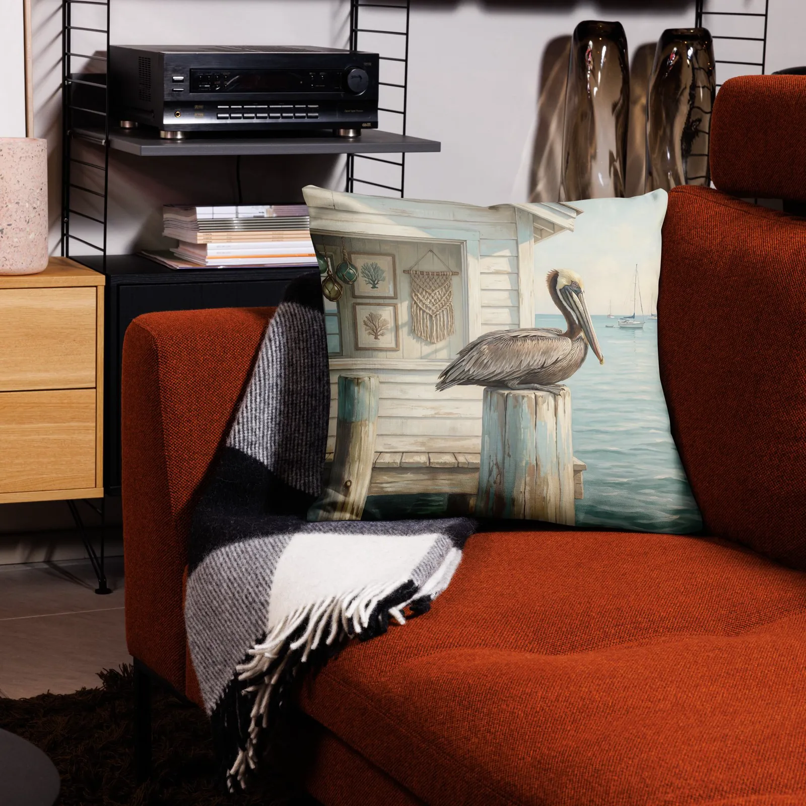 Pastel Pelican Throw Pillow: Coastal Beach House Decor Cushion, photo 5