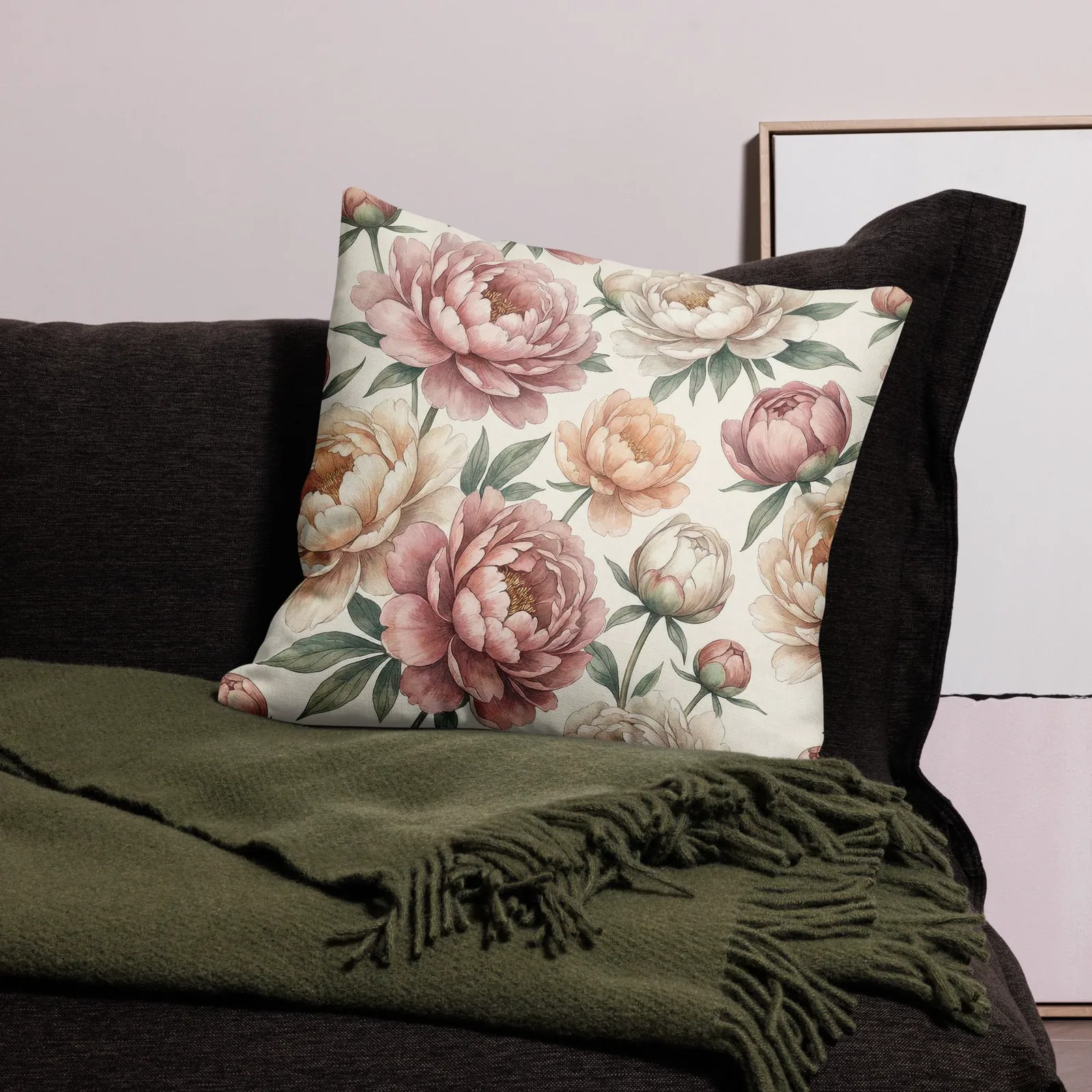 Pastel Peony Throw Pillow: Romantic Floral Decor, photo 2