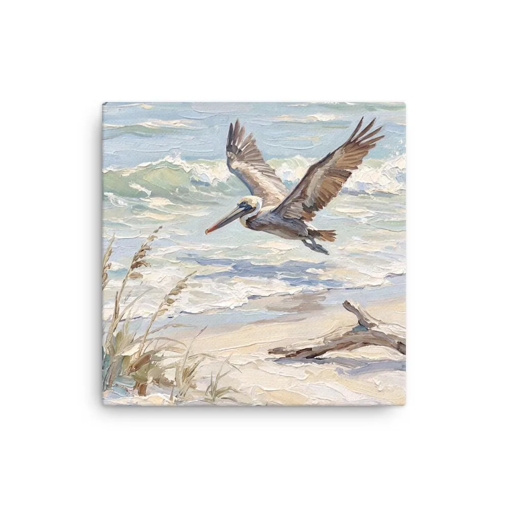 Pelican Thin Canvas: Coastal Bird Flying Over Beach Wall Art