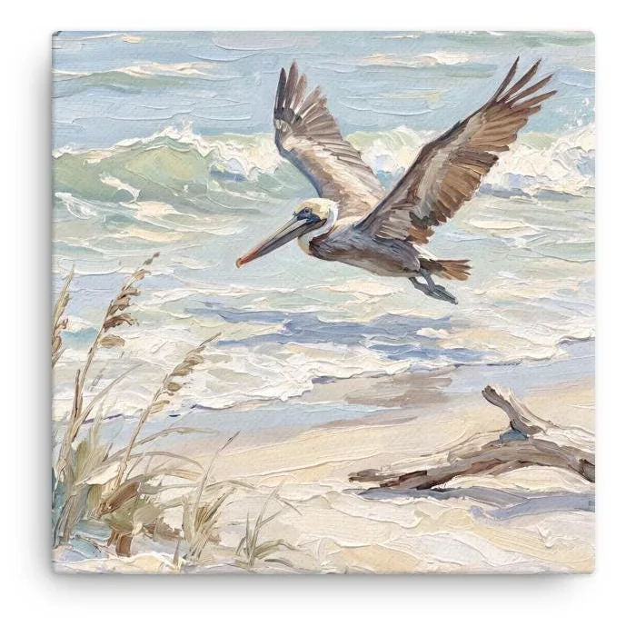 Pelican Thin Canvas: Coastal Bird Flying Over Beach Wall Art