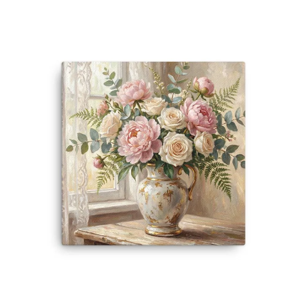 Peonies and Roses Thin Canvas: Vintage Vase Flower Wall Art