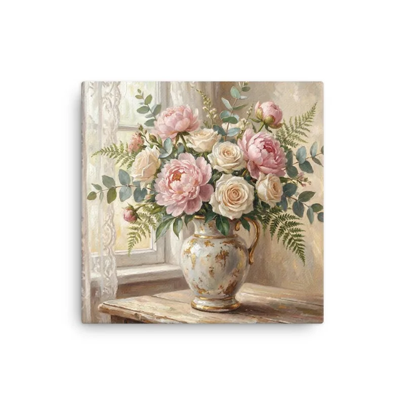 Peonies and Roses Thin Canvas: Vintage Vase Flower Wall Art
