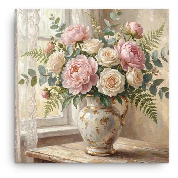 Peonies and Roses Thin Canvas: Vintage Vase Flower Wall Art