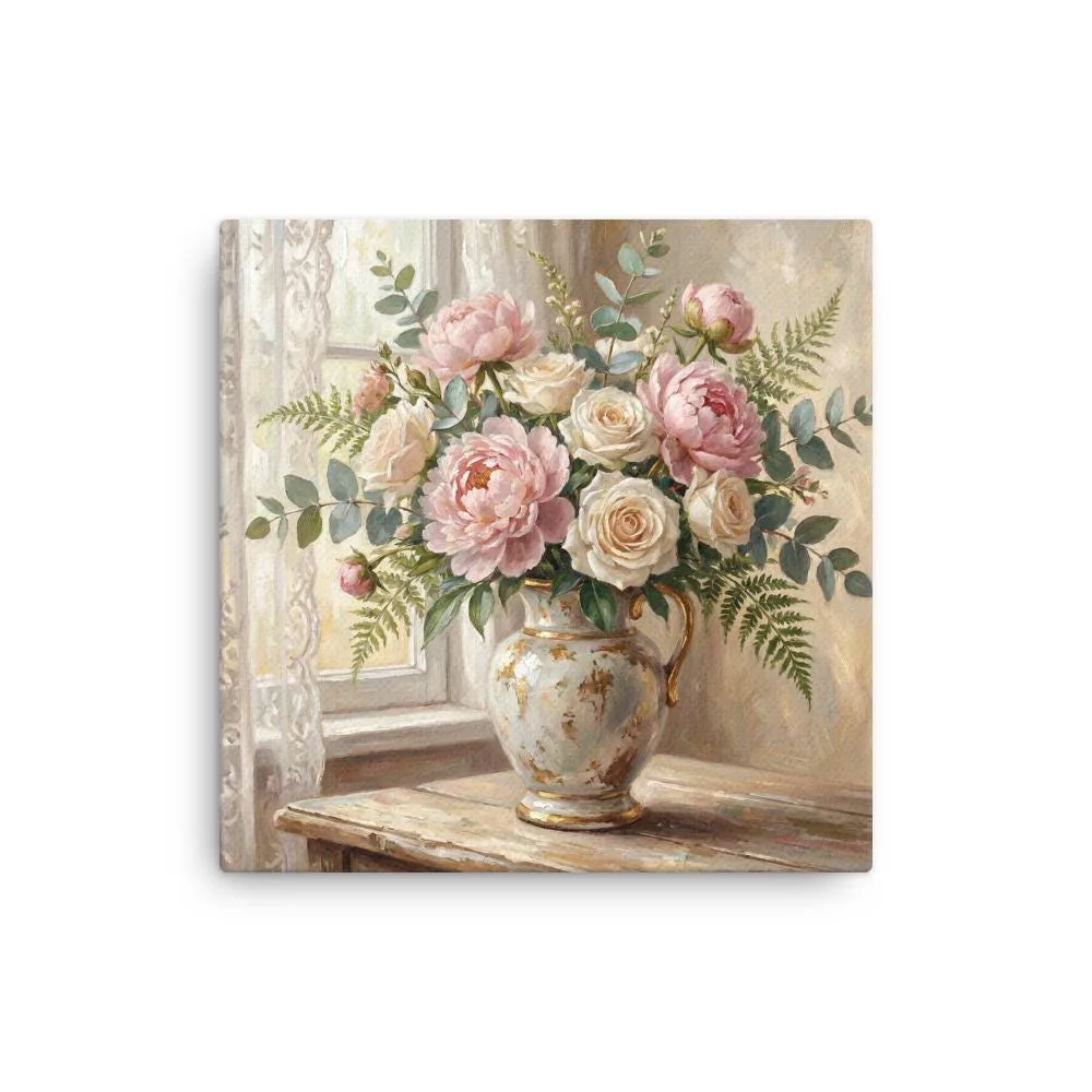 Peonies and Roses Thin Canvas: Vintage Vase Flower Wall Art, photo 2