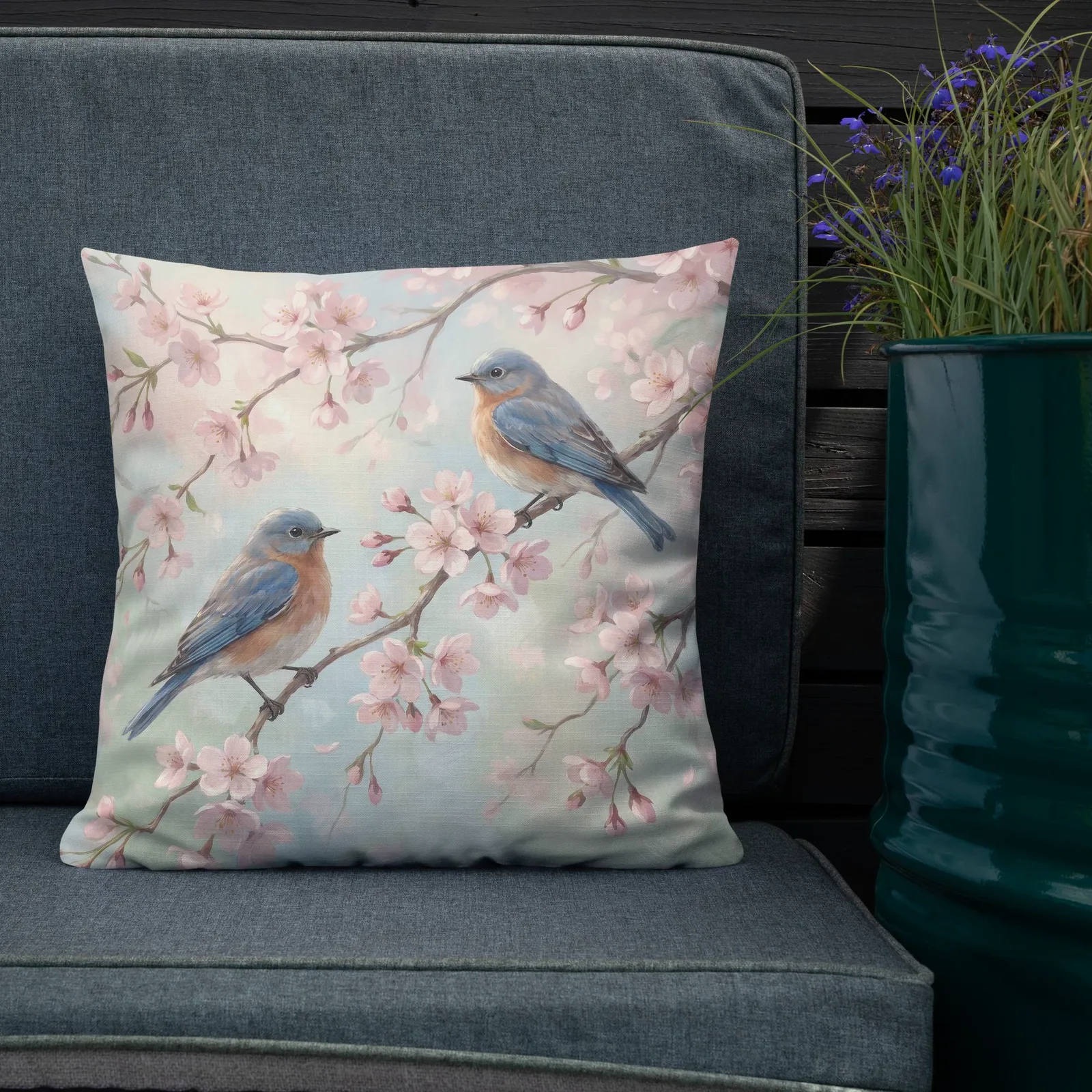 Pink Blossom Throw Pillow: Pastel Bluebird Lover Decor Cushion, photo 6