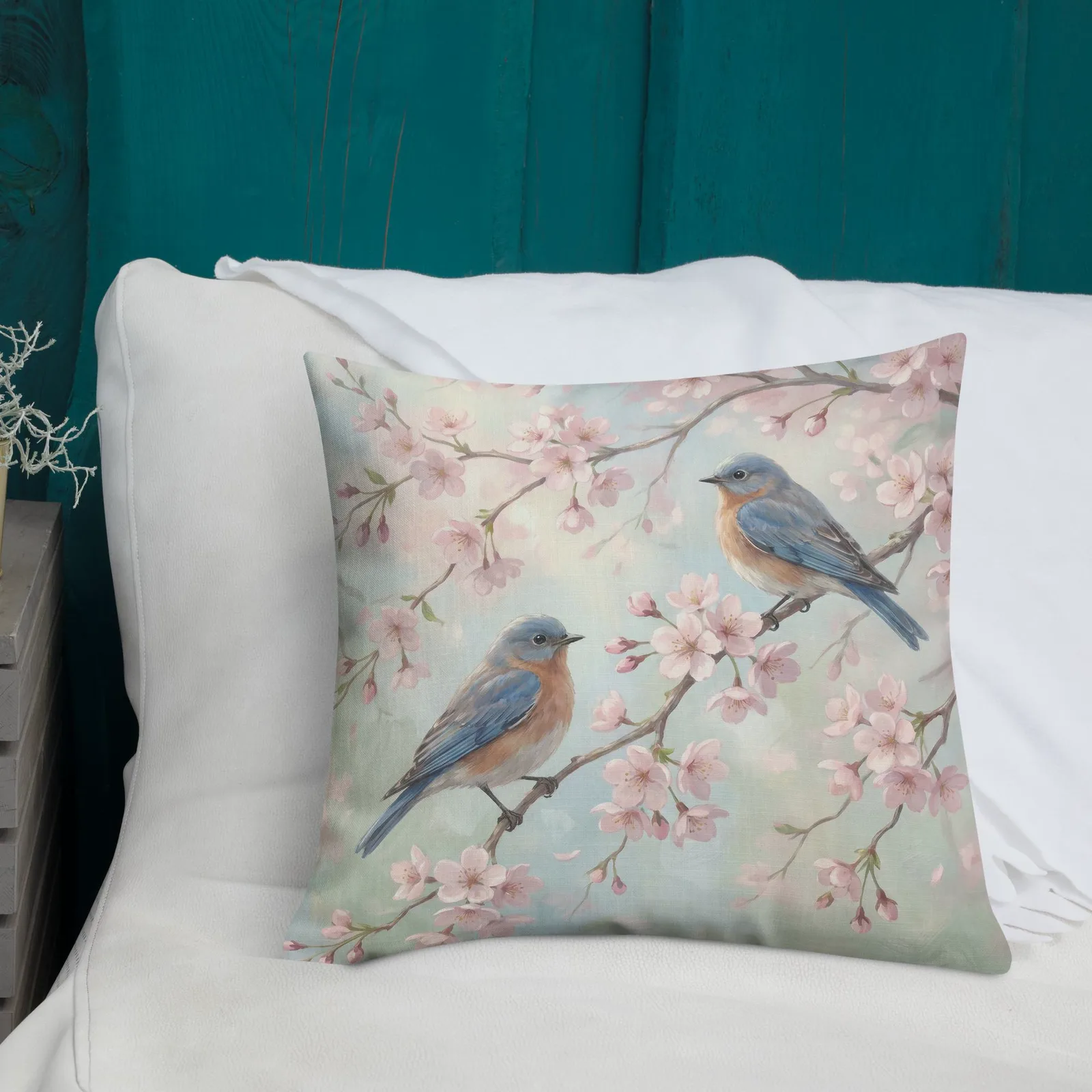 Pink Blossom Throw Pillow: Pastel Bluebird Lover Decor Cushion, photo 4