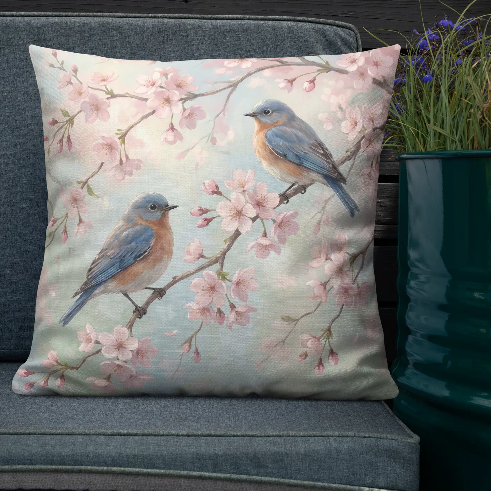 Pink Blossom Throw Pillow: Pastel Bluebird Lover Decor Cushion, photo 7