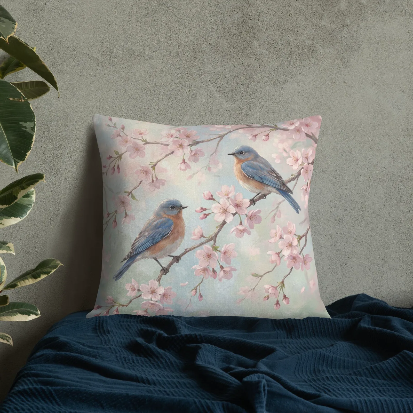 Pink Blossom Throw Pillow: Pastel Bluebird Lover Decor Cushion, photo 3