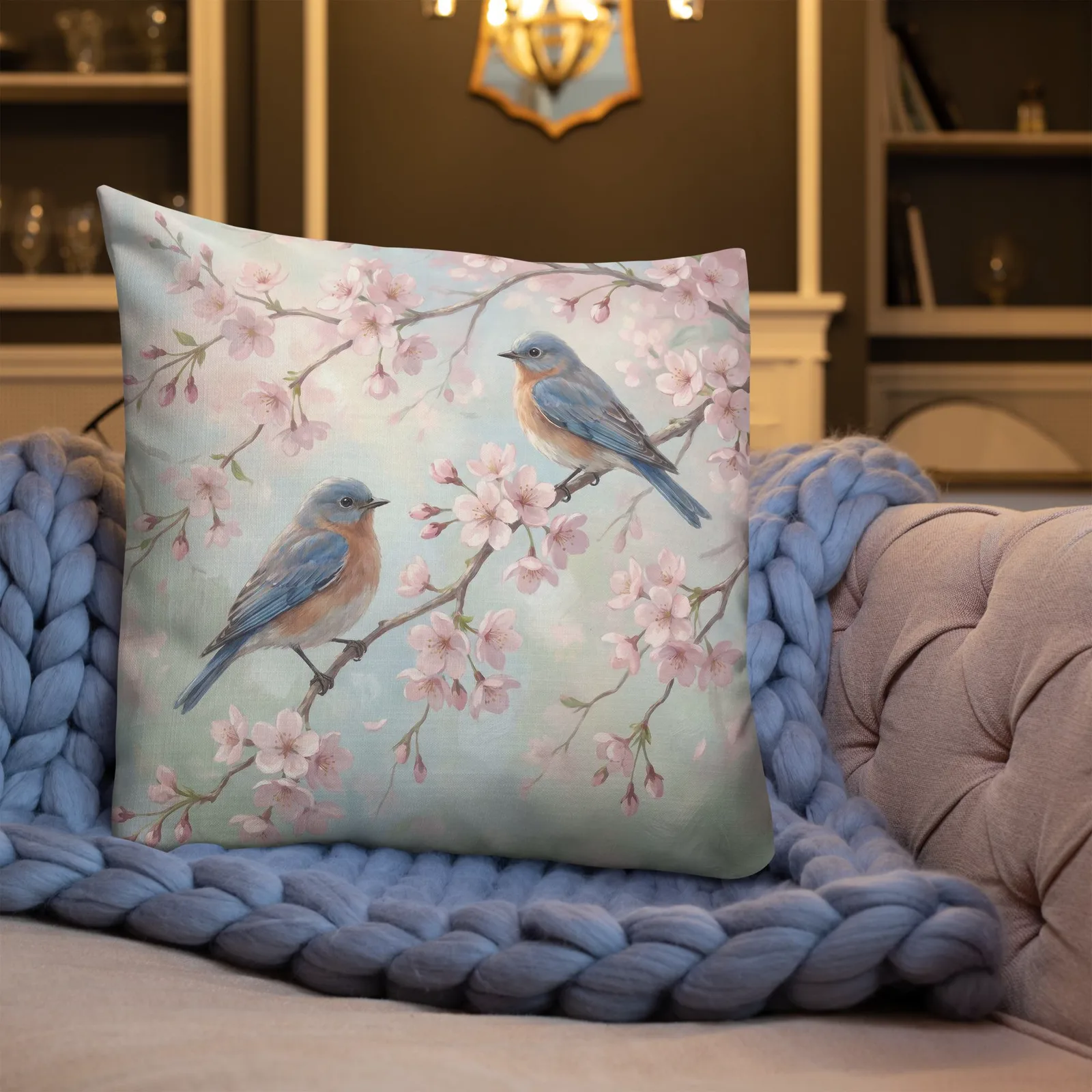 Pink Blossom Throw Pillow: Pastel Bluebird Lover Decor Cushion, photo 10