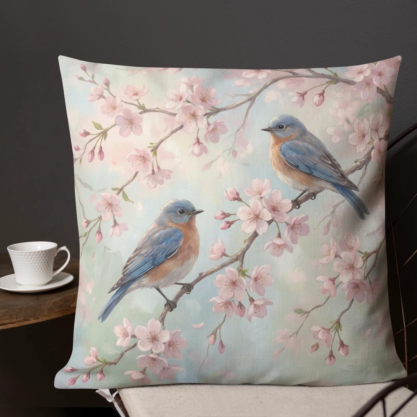 Pink Blossom Throw Pillow: Pastel Bluebird Lover Decor Cushion