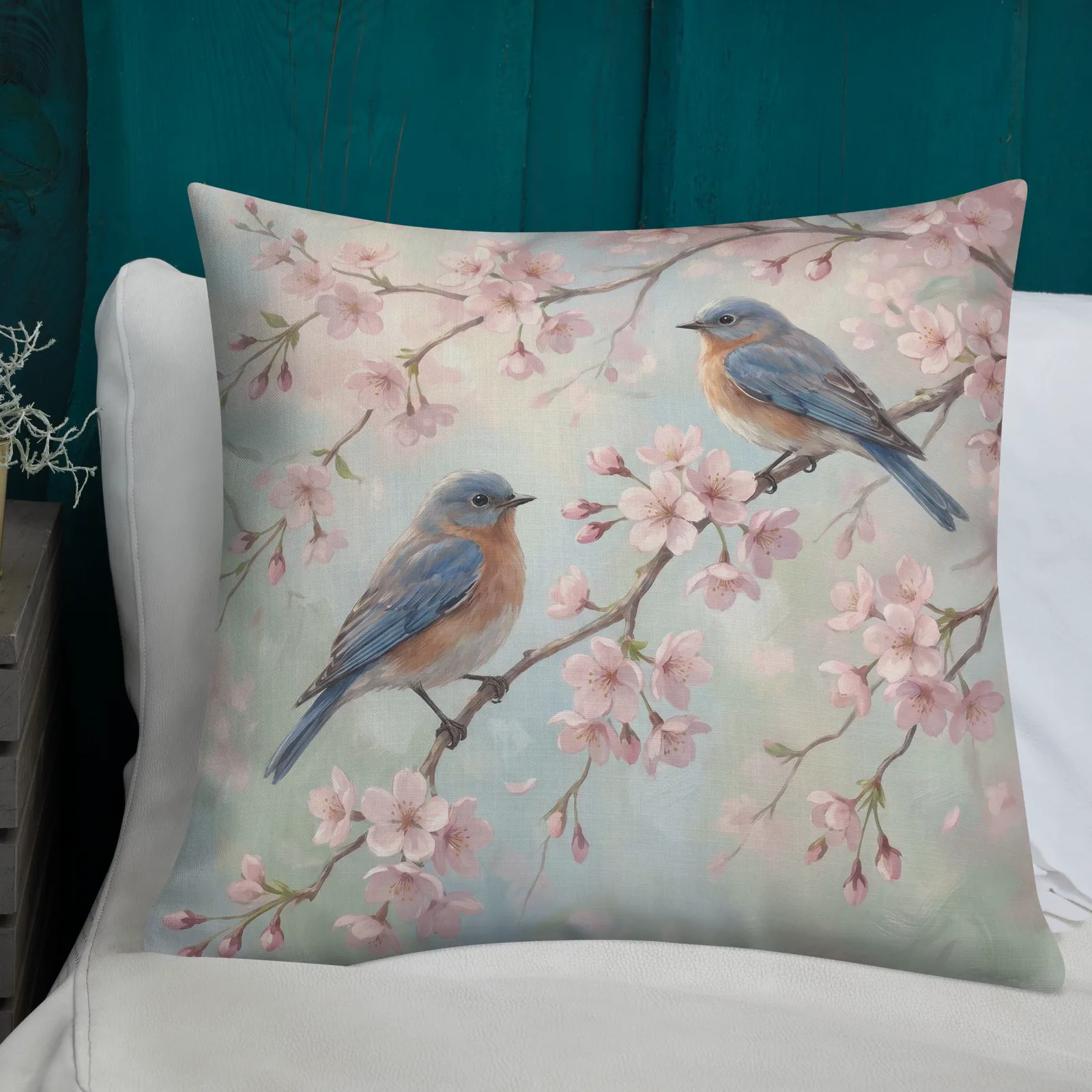Pink Blossom Throw Pillow: Pastel Bluebird Lover Decor Cushion, photo 5