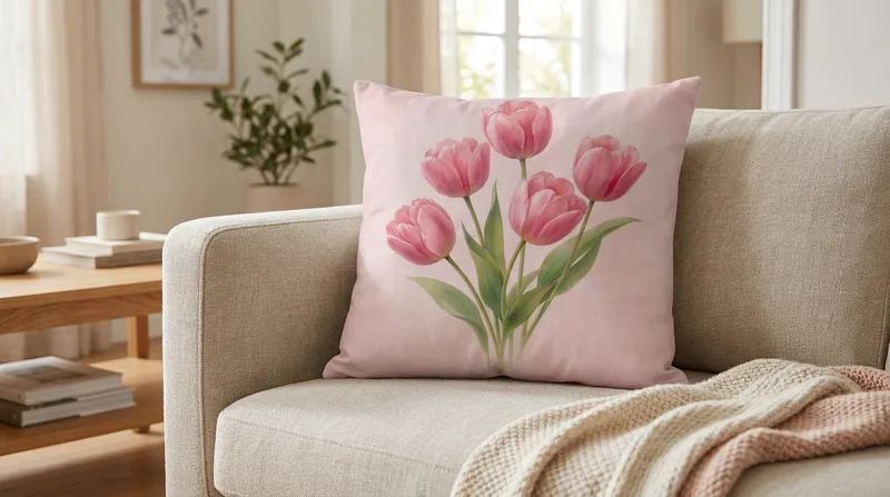 Pink Tulip Throw Pillow: Spring Floral Cottage Decor, Linen-Feel Cushion, Housewarming Gift