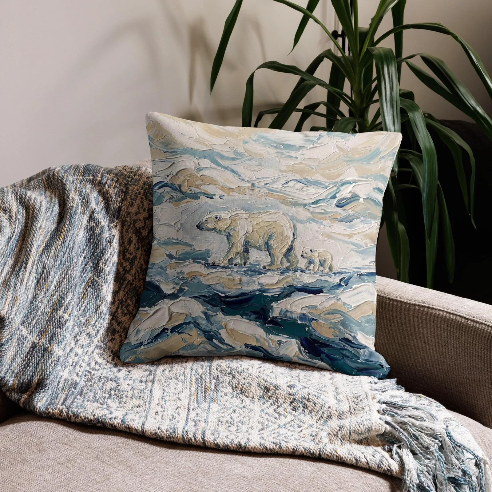 Polar Bear Throw Pillow: Impasto Mama Bear and Cub Cushion, photo 5