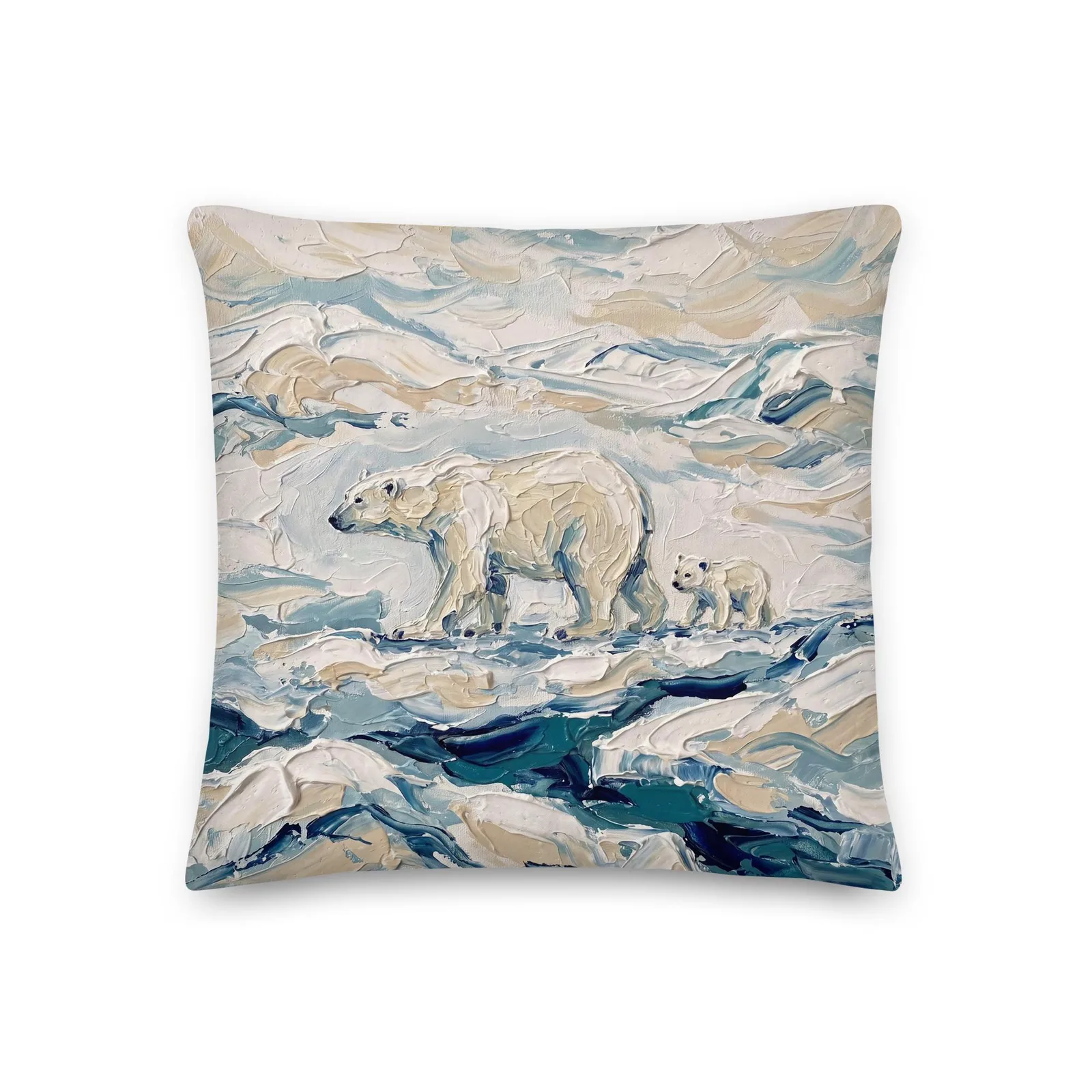 Polar Bear Throw Pillow: Impasto Mama Bear and Cub Cushion