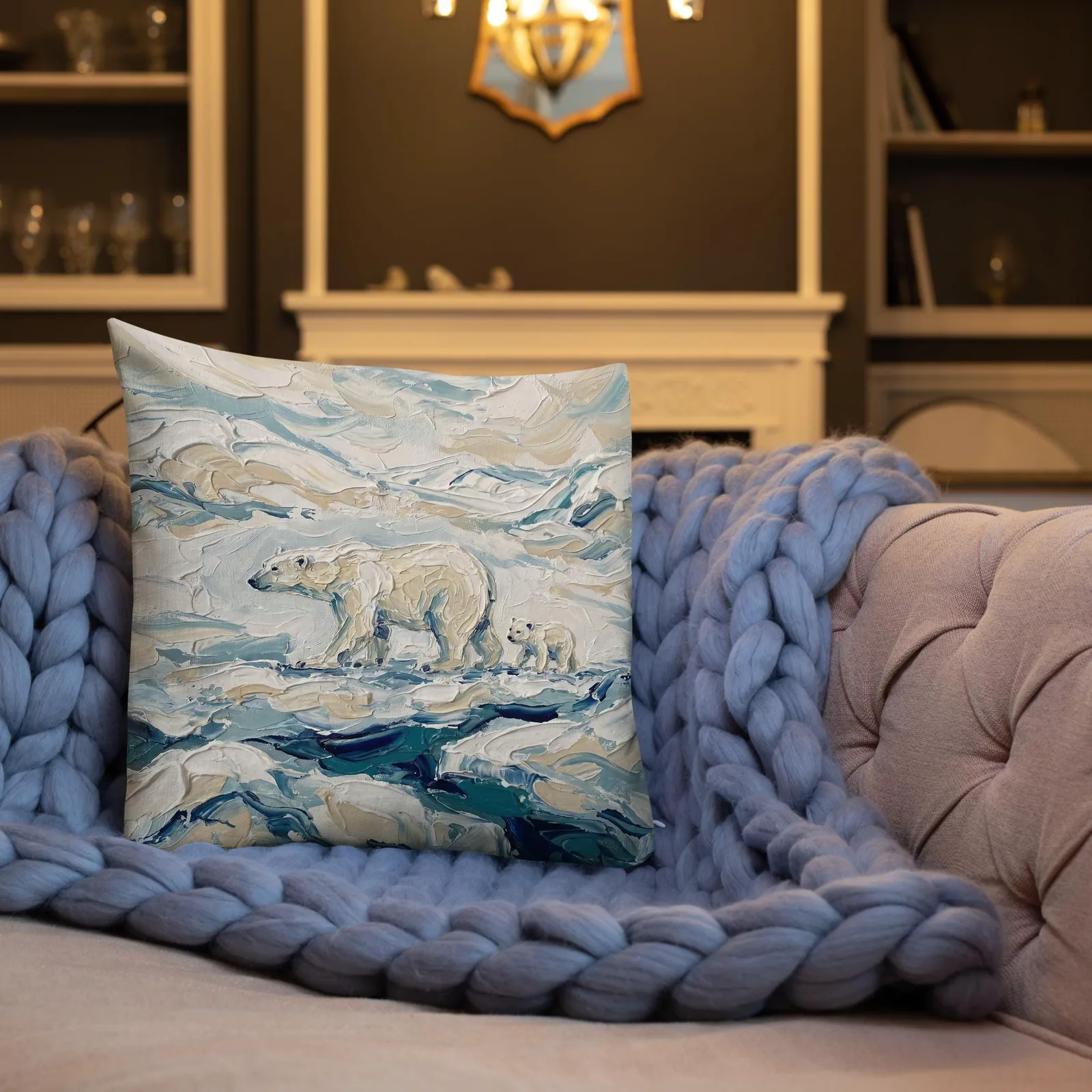 Polar Bear Throw Pillow: Impasto Mama Bear and Cub Cushion, photo 8