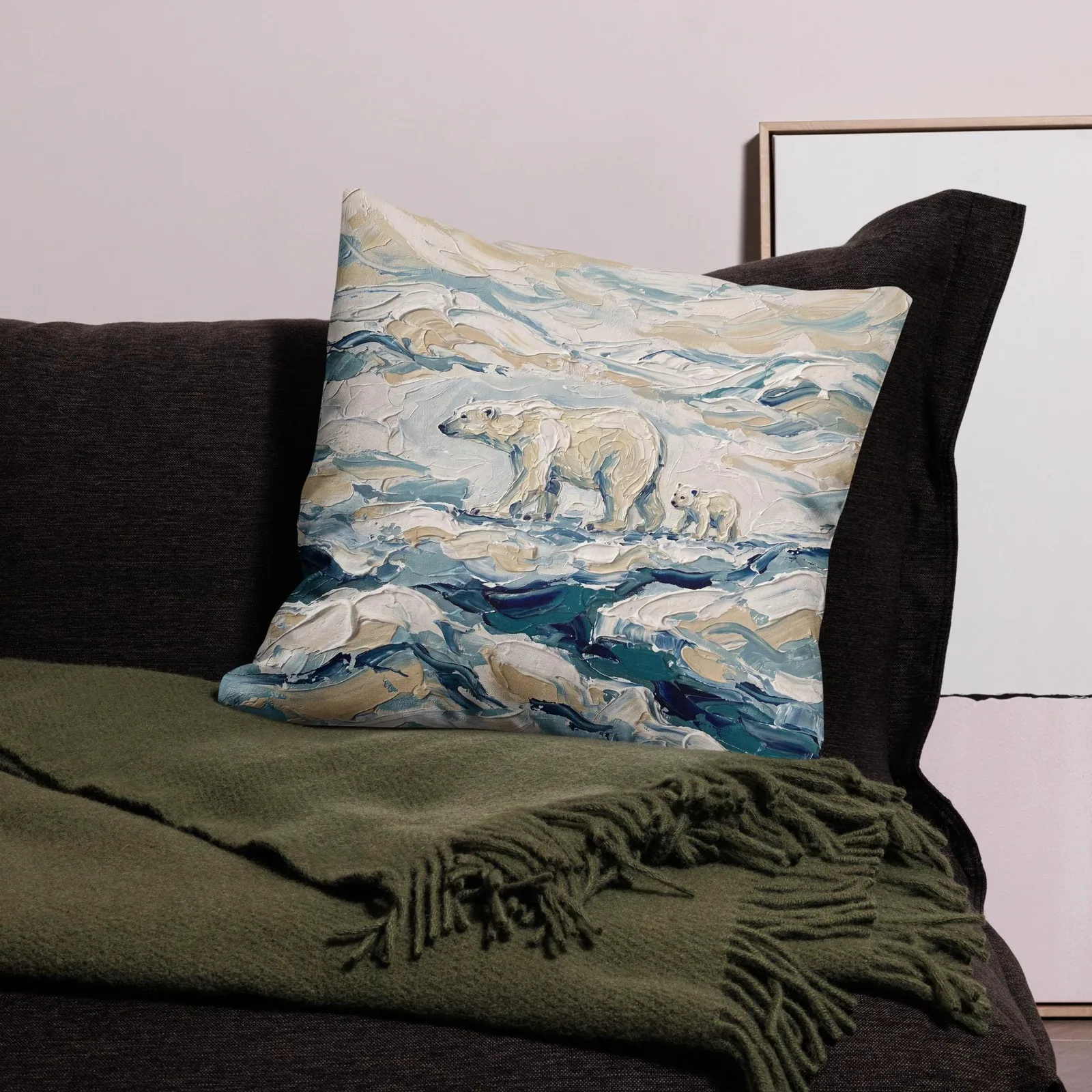 Polar Bear Throw Pillow: Impasto Mama Bear and Cub Cushion, photo 3
