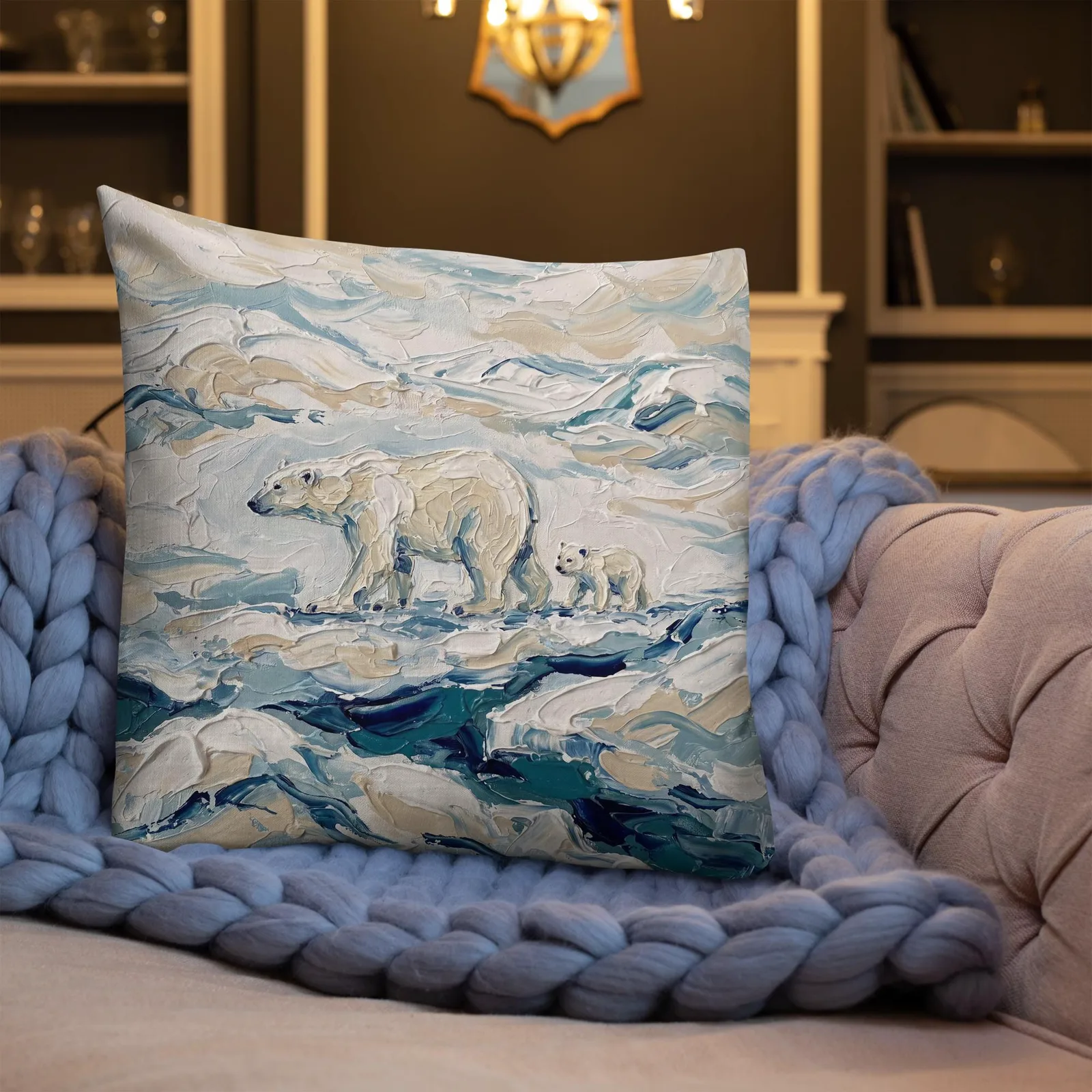 Polar Bear Throw Pillow: Impasto Mama Bear and Cub Cushion, photo 9