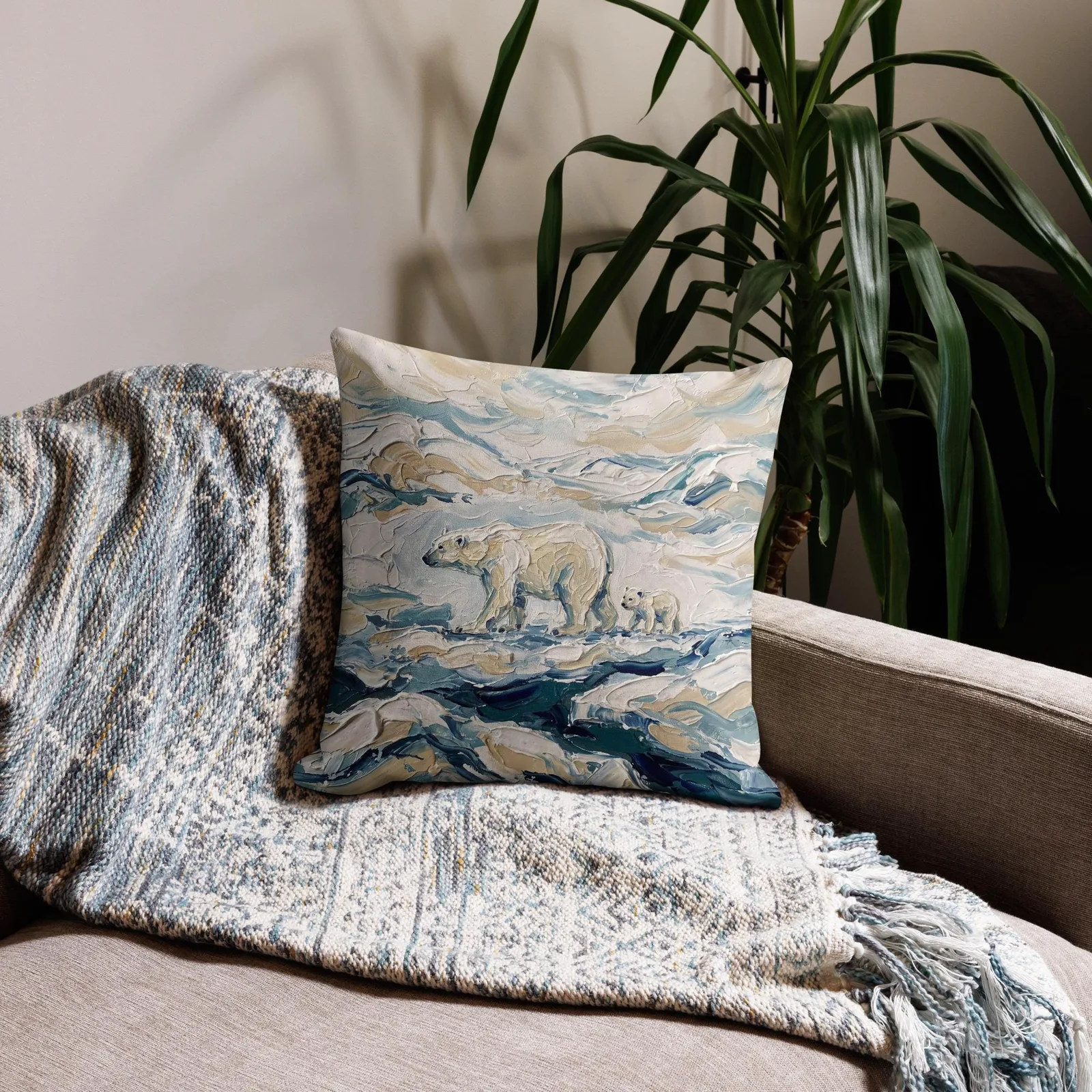 Polar Bear Throw Pillow: Impasto Mama Bear and Cub Cushion, photo 4
