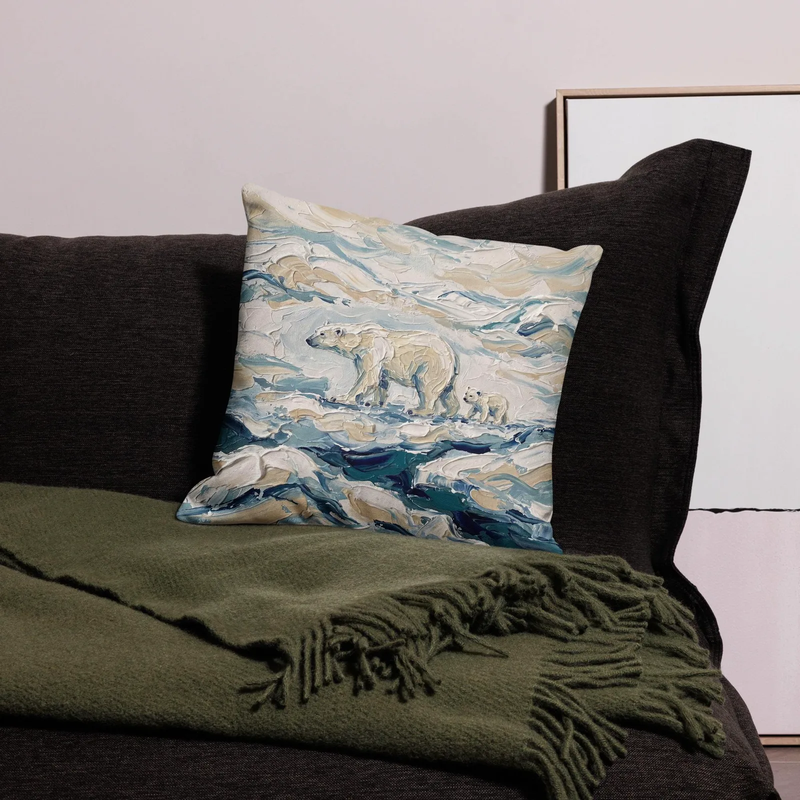 Polar Bear Throw Pillow: Impasto Mama Bear and Cub Cushion, photo 2