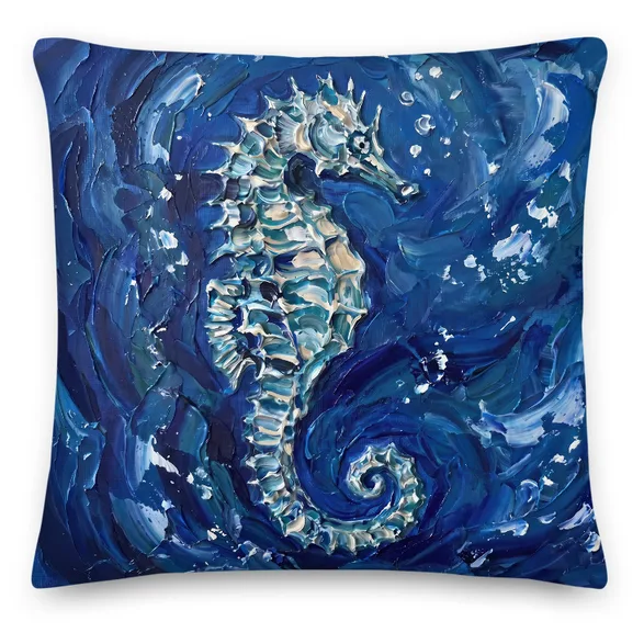 Seahorse Throw Pillow: Impasto Deep Blue Coastal Decor Cushion