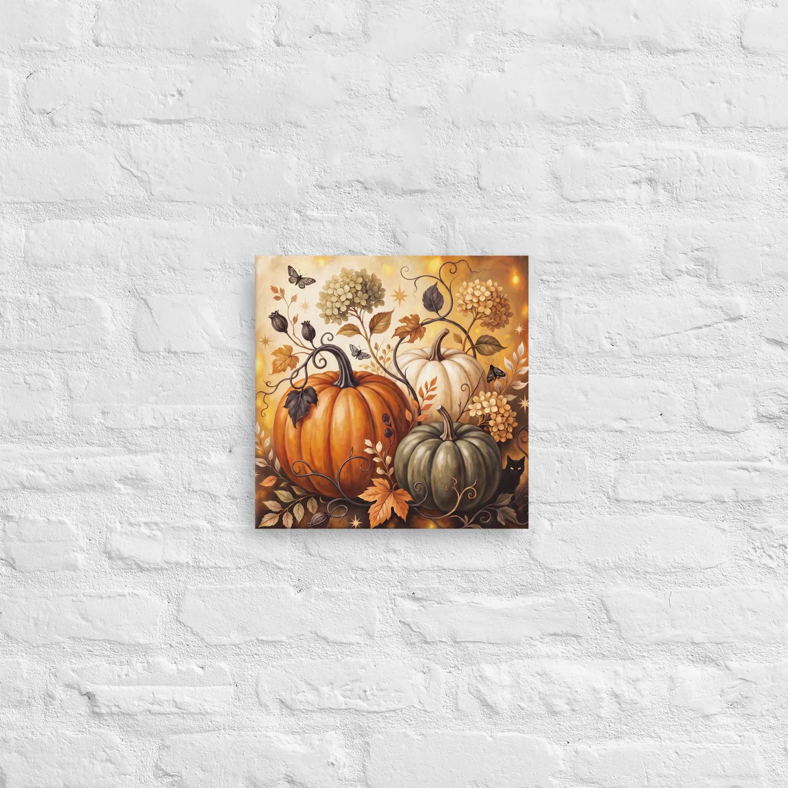Pumpkin Harvest Canvas: Black Cat, Autumn Leaves, Floral Vines (12x12 or 16x16), photo 2