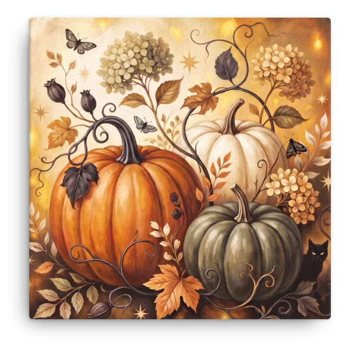 Pumpkin Harvest Canvas: Black Cat, Autumn Leaves, Floral Vines (12x12 or 16x16)